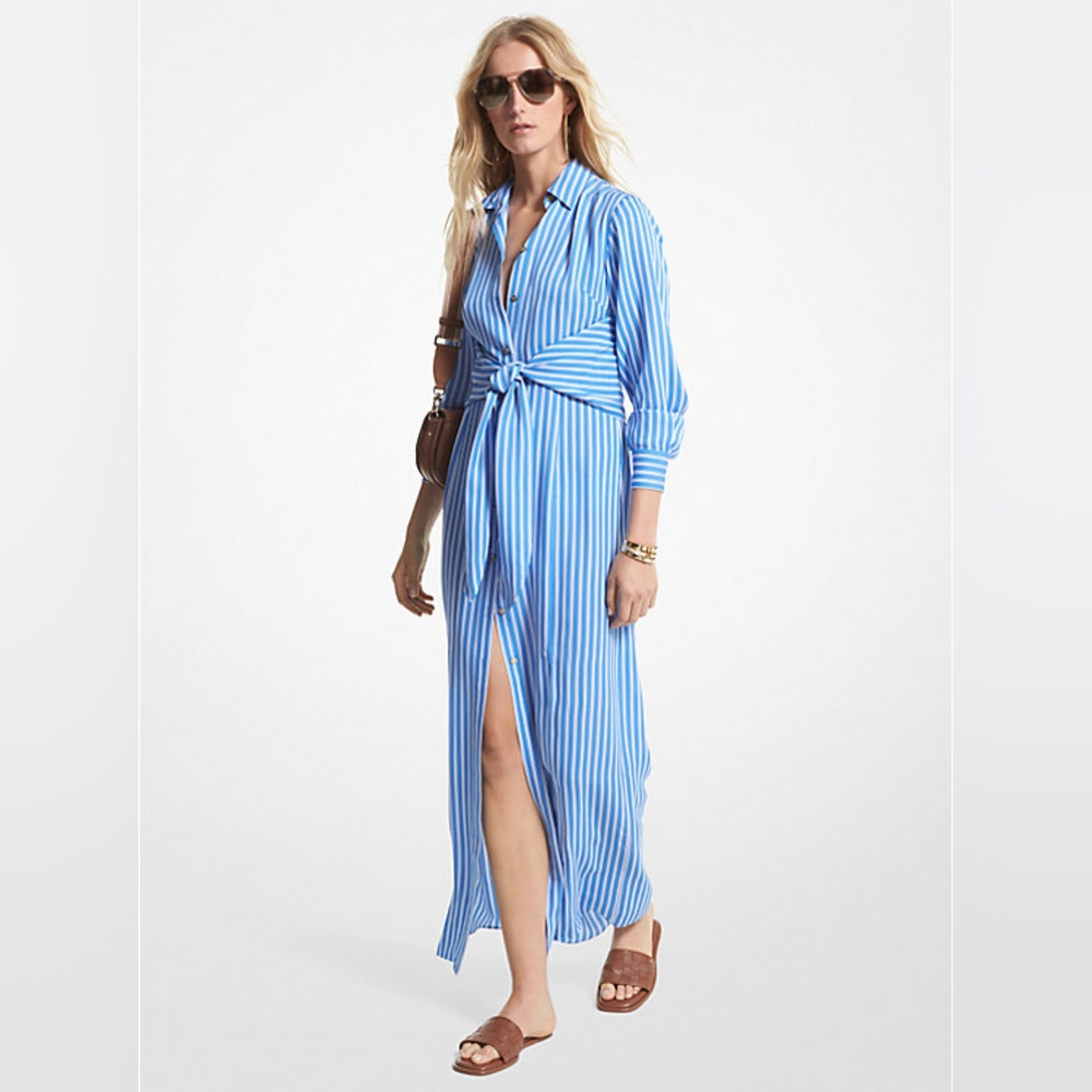NWT Michael Kors Striped Georgette Tie-Front Shirtdress